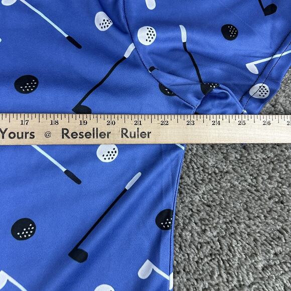 Golf Polo Shirt Mens Large Blue All Over Print Clubs Balls Novelty Short Sleeve - Picture 10 of 11